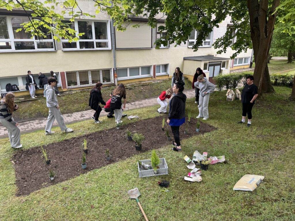 Uczniowie ZSE podczas prac na kwietną łąką i domkami dla owadów.