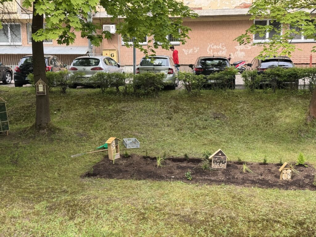 Kwietna łąka i domki dla owadów.