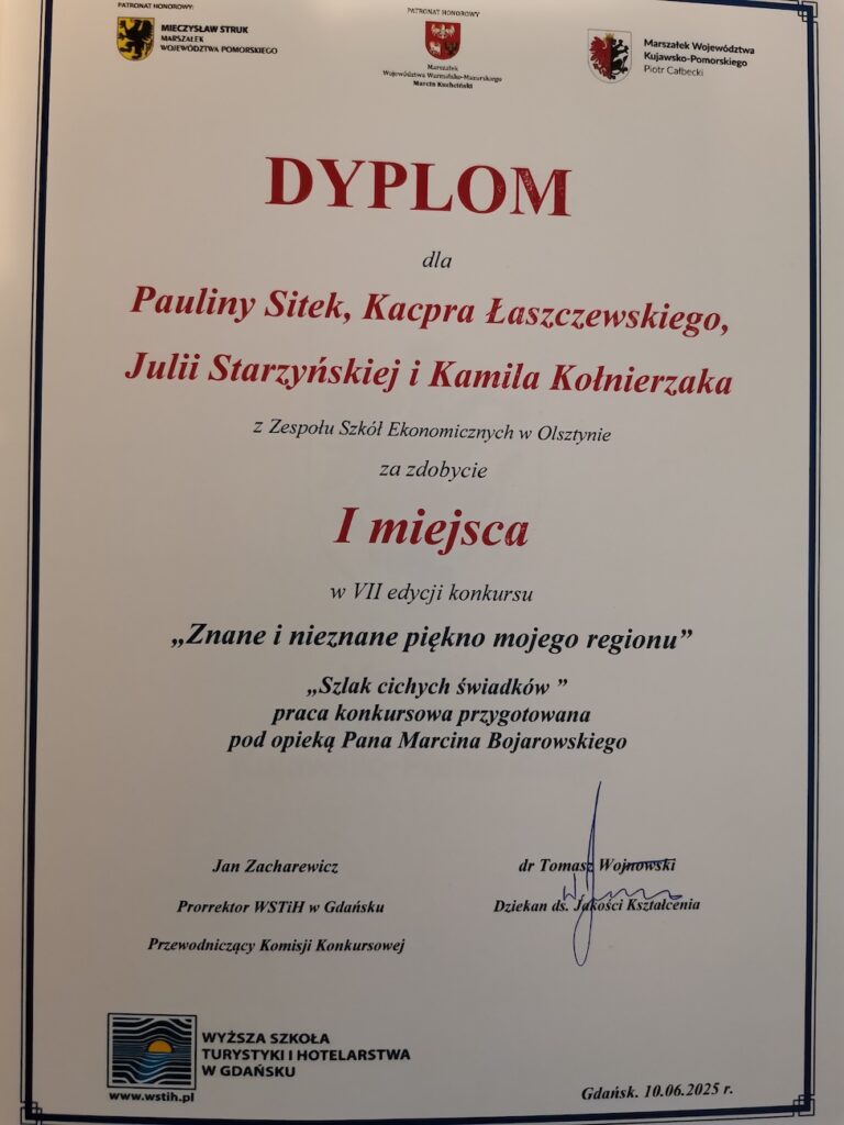 Dyplom dla uczniów za zajęcie I miejsca.